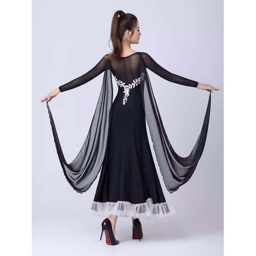 Ballroom dance dresses for women girls competition waltz tango navy with red black white float sleeves foxtrot smooth dance long gown for female 
